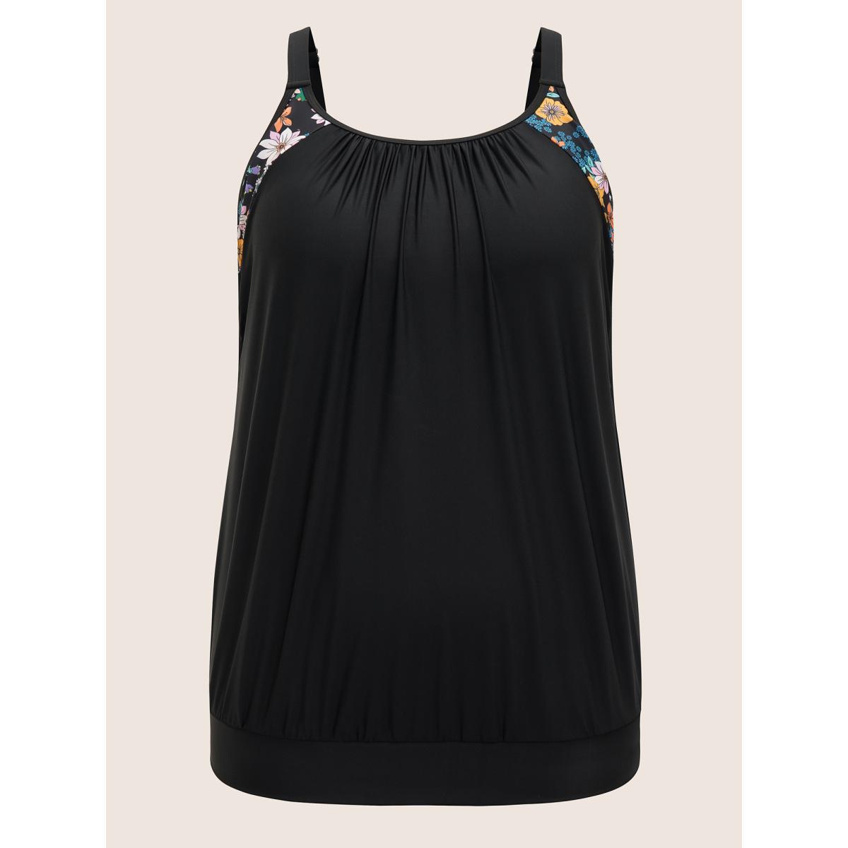 Plus Size U Neck Ditsy Floral Patchwork Gathered Swim Top Women's Swimwear Black Beach Gathered High stretch Bodycon U-neck Curve Swim Tops BloomChic 26/4X Product Image