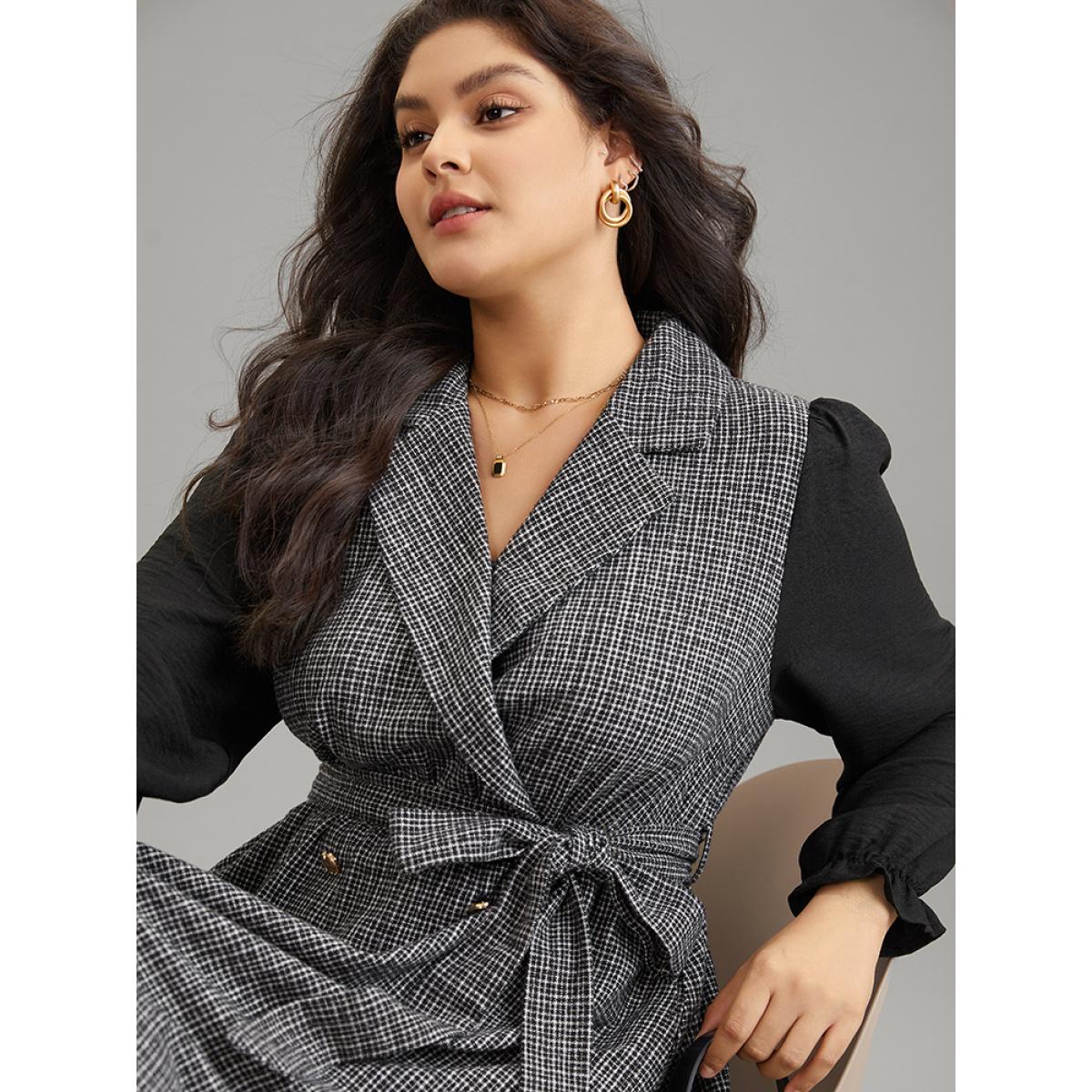 Plus Size Tweed Suit Collar Belted Button Detail Dress Black Women Office Texture Suit Collar Long Sleeve Curvy Midi Dress BloomChic 14-16/1X Product Image