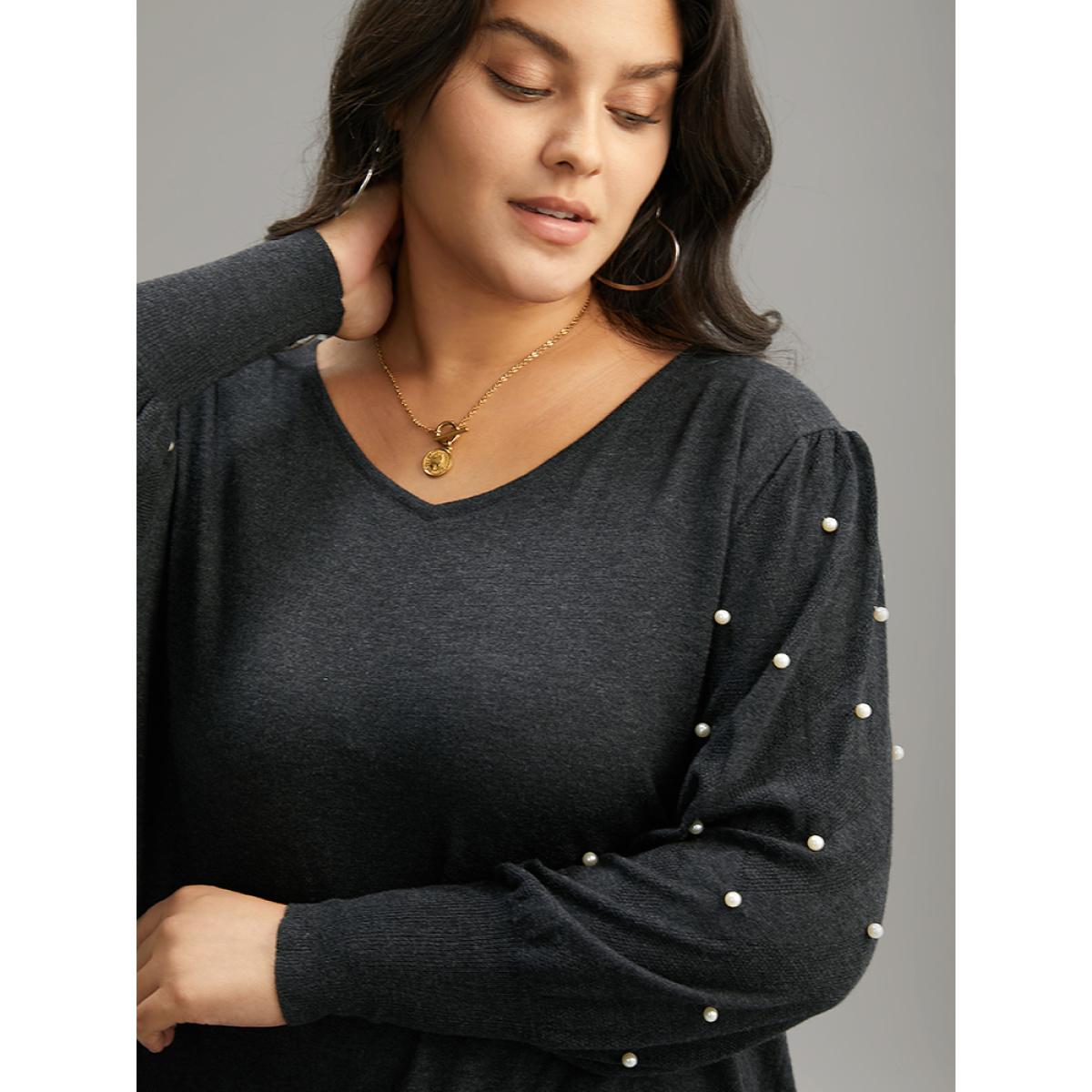 Plus Size Supersoft Essentials Solid Pearl Beaded Elastic Cuffs Pullover Black Women Casual Long Sleeve V-neck Dailywear Pullovers BloomChic 30/6X Product Image