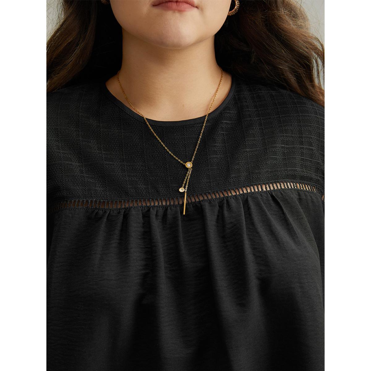 Plus Size Black Solid Keyhole Mesh Plicated Detail Blouse Women Glamour Long Sleeve Round Neck Going out Blouses BloomChic 12/L Product Image