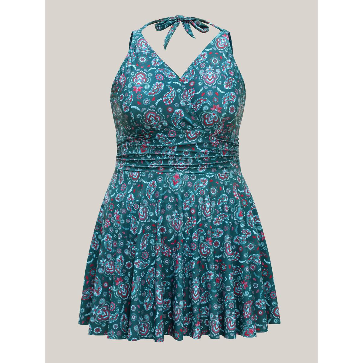 Plus Size Paisley Print Anti Float Tie One-Piece Swimsuit Women's Swimwear Teal Beach Bodycon Overlap Collar High stretch Curve Swim Dresses BloomChic 28/5X Product Image