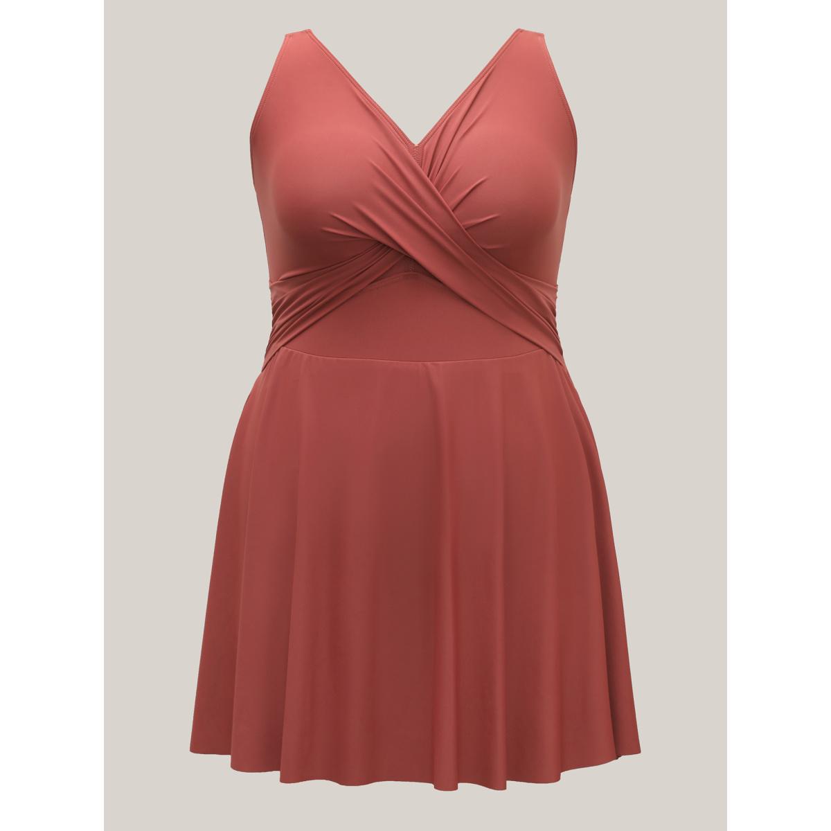 Plus Size Anti-Float Ties Crossover Swim Dress Women's Swimwear Rust Resort Bodycon Overlap Collar High stretch Curve Swim Dresses BloomChic 26/4X Product Image