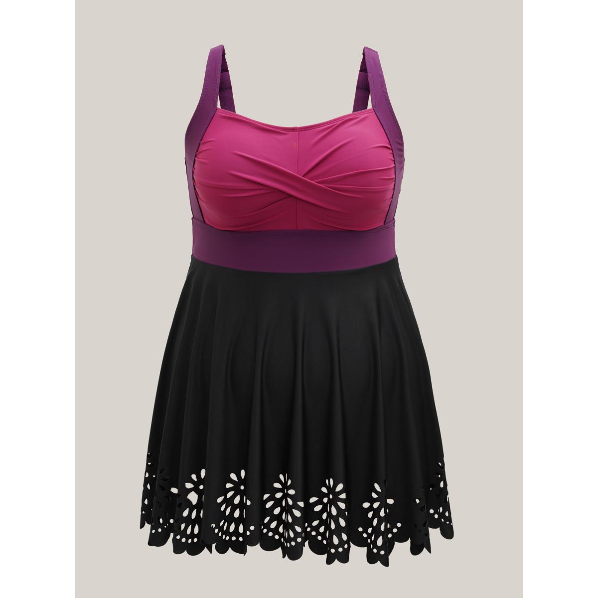 Plus Size Twist Front Laser Cut Swim Dress Women's Swimwear Deeppurplered Beach Bodycon Square Neck High stretch Curve Swim Dresses BloomChic 22-24/3X Product Image