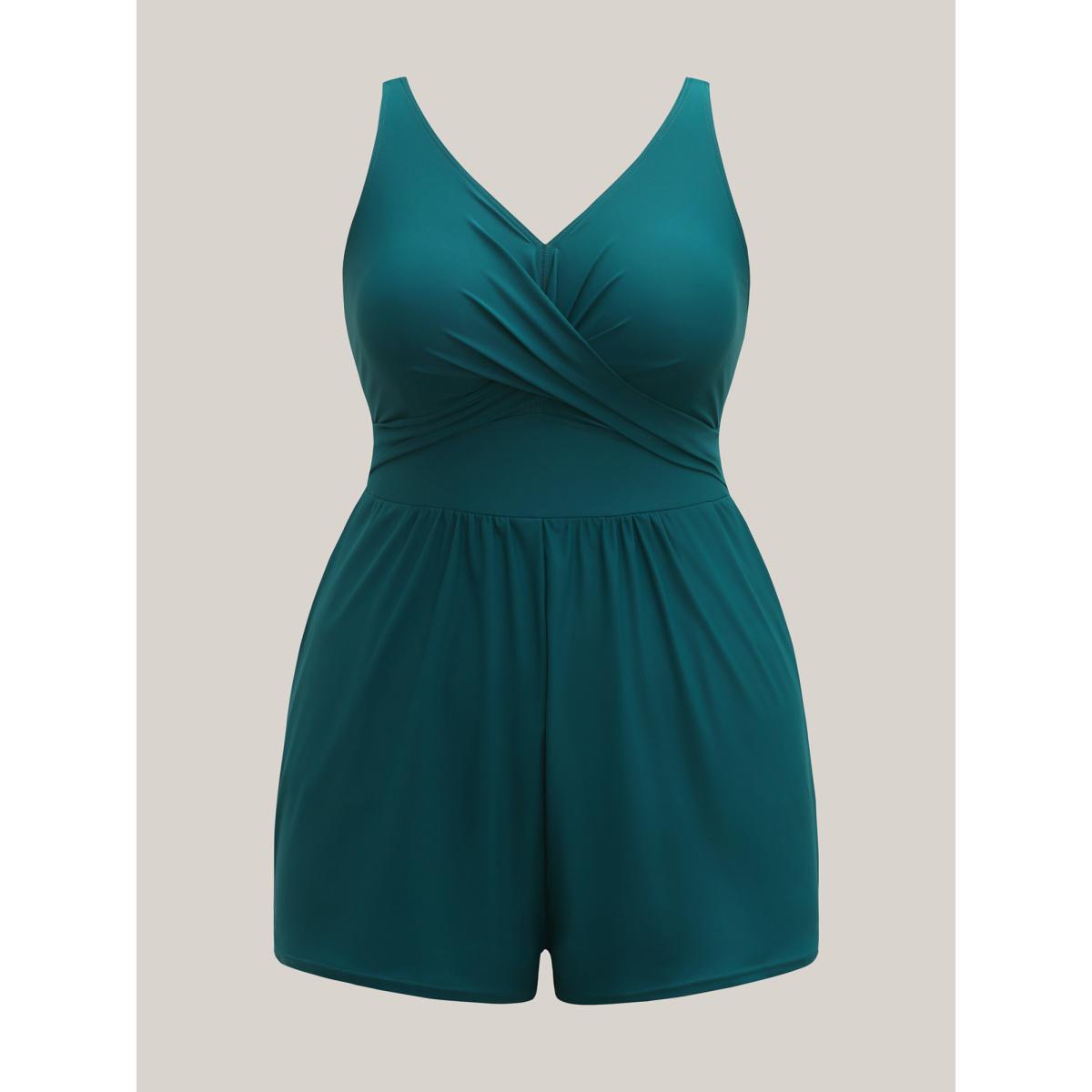 Plus Size Twist Front Pockets Swim Romper Women's Swimwear Cyan Resort Twist Curve Bathing Suits High stretch One Pieces BloomChic 10/M Product Image