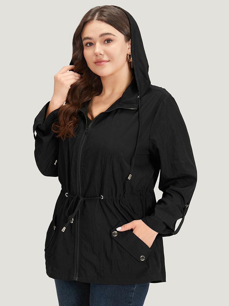 Plain Hooded Zipper Drawstring Tab Sleeve Coat Female Product Image