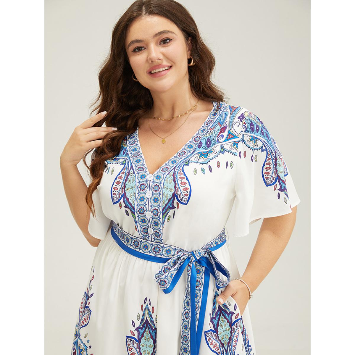 Plus Size Bandana Button Detail Pocket Belt Knee Dress Blue Women Vacation Lined V-neck Short sleeve Curvy Knee Dress BloomChic 28/5X Product Image