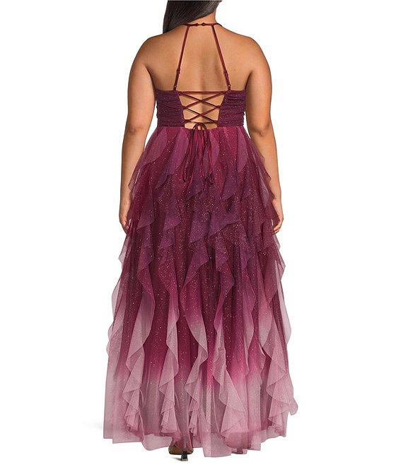 Pear Culture Plus Glitter Ombre Corkscrew Tulle Long Dress Product Image