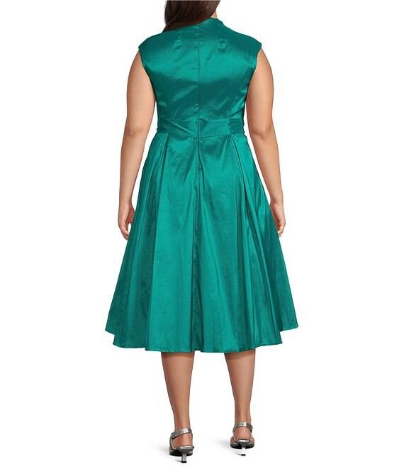 Alex Evenings Plus Size Stretch Taffeta V-Neck Cap Sleeve Tie Sash A-Line Midi Dress Product Image