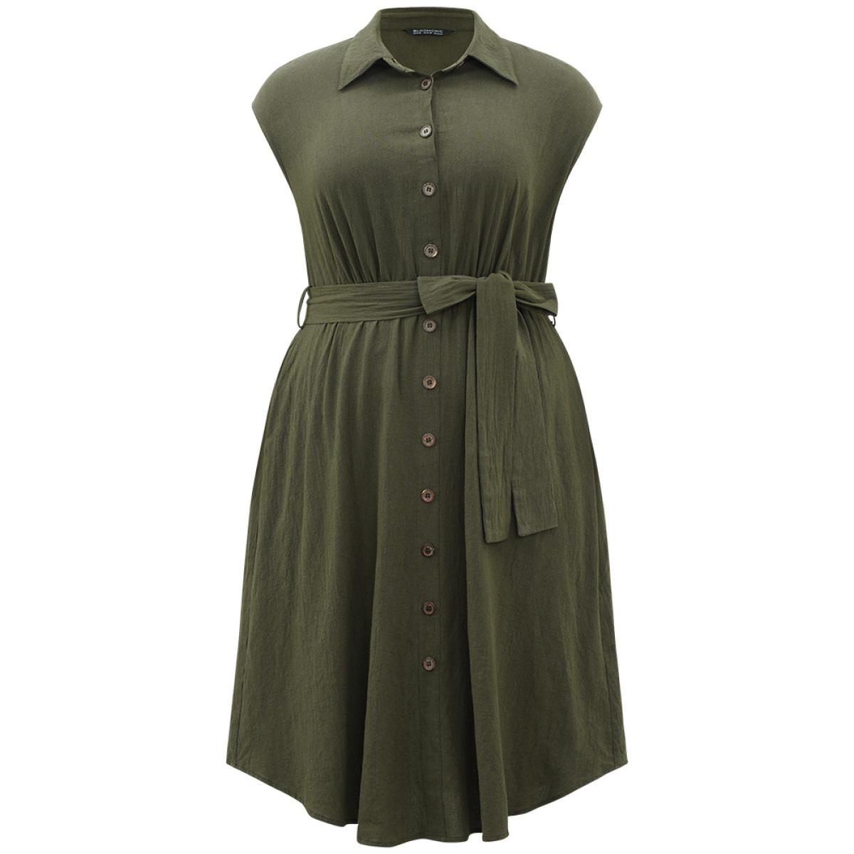 Plus Size Solid Shirt Collar Belted Button Up Tank Dress ArmyGreen Women Office Plain Shirt collar Sleeveless Curvy Knee Dress BloomChic 26/4X Product Image