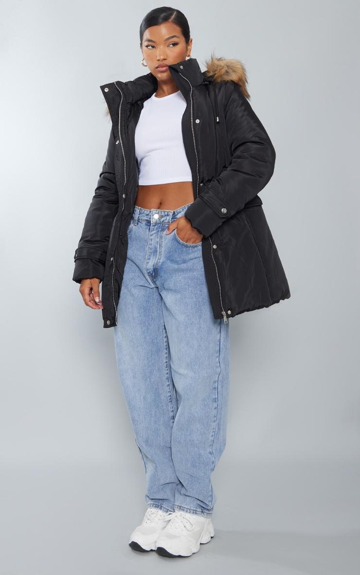 Black Faux Fur Hooded Elasticated Waist Longline Parka Product Image