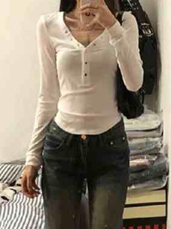 Solid V Neck Snap Button Slim Long Sleeve Knit Product Image