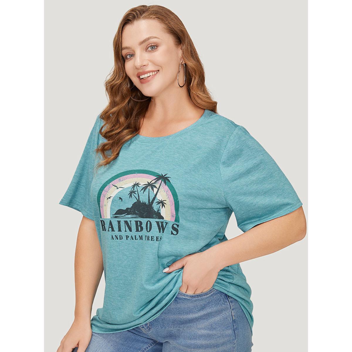 Plus Size Rainbow & Letter Print Short Sleeve T-shirt Cerulean Women Casual Tropical Dailywear T-shirts BloomChic 18-20/2X Product Image