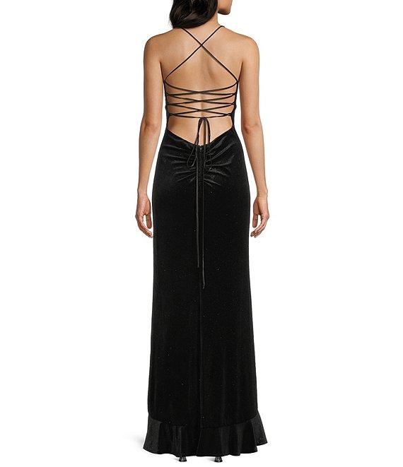 Midnight Doll Glitter Velvet Rhinestone Bow V-Neck Ruffle Front Slit Dress Product Image