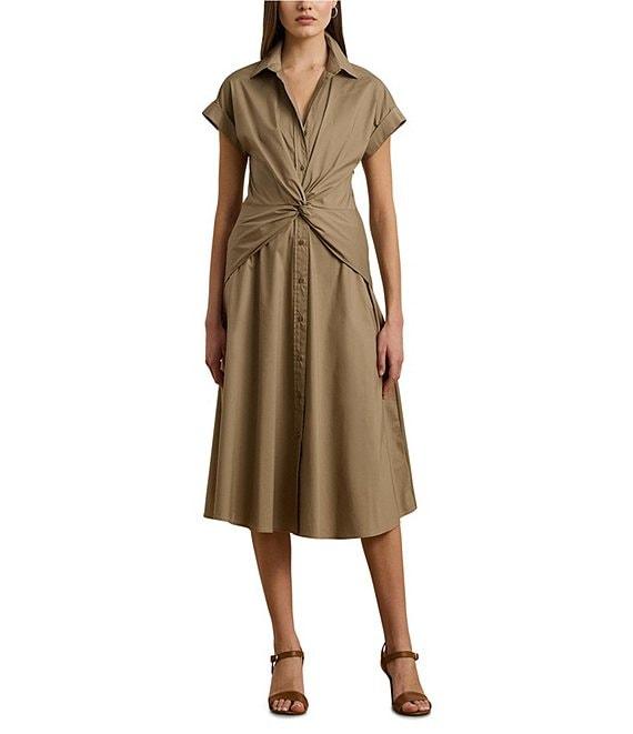 Lauren Ralph Lauren Cotton Blend Twist-Front Point Collar Neck Short Sleeve Button Front Shirt Midi Dress Product Image