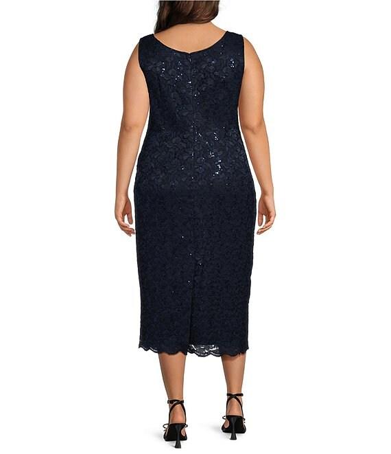 Ignite Evenings Plus Size Scalloped Sequin Lace Square Neck 3/4 Sleeve 2-Piece Jacket Dress Product Image