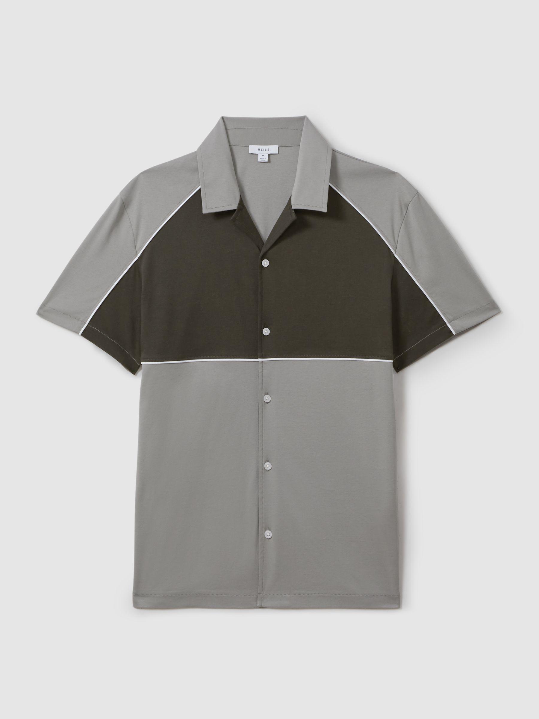 Mercerised Cotton Colourblock Cuban Collar Shirt in Sage Green Product Image