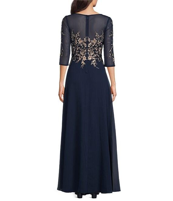 Betsy & Adam Embroidered Bodice Boat Neck 3/4 Sleeve Chiffon Gown Product Image