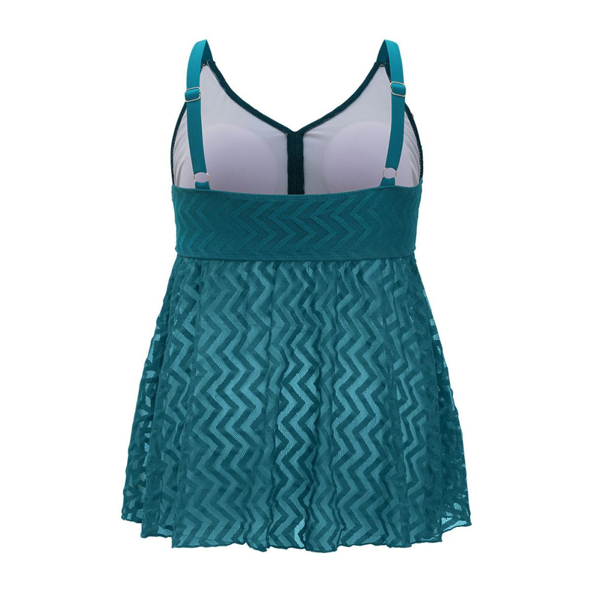 Plus Size Plain Geometric Mesh Flutter Hem V Neck Tankini Top Women's Swimwear Teal Vacation Adjustable Straps Medium stretch Bodycon V-neck Curve Swim Tops BloomChic 22-24/3X Product Image