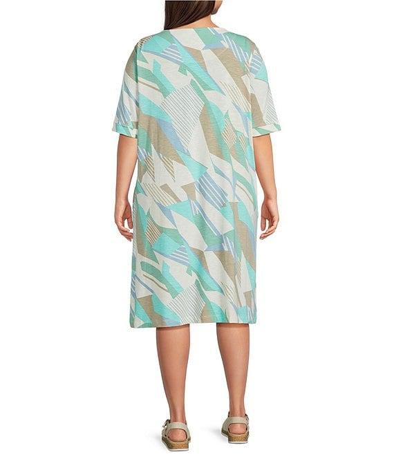 Multiples Plus Size Slub Knit Printed Scoop Neck Elbow Sleeve Dress Product Image