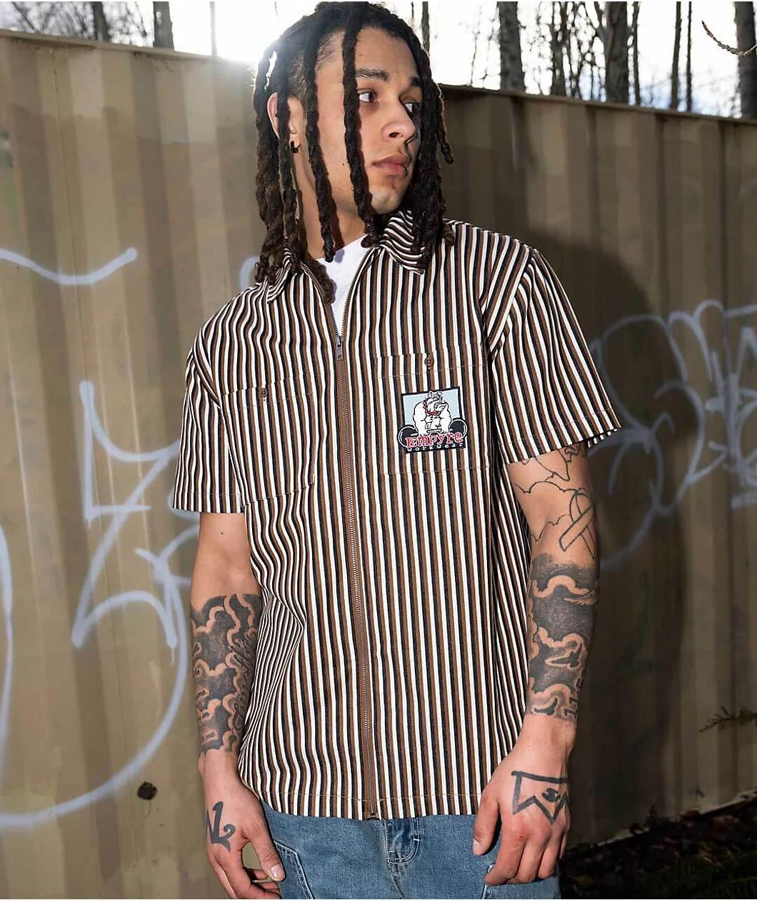 Empyre Glen Black, White & Brown Stripe Short Sleeve Zip Shirt Product Image