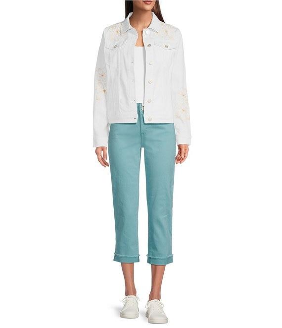 Code Bleu Floral Embroidered Point Collar Long Sleeve Denim Jacket Product Image