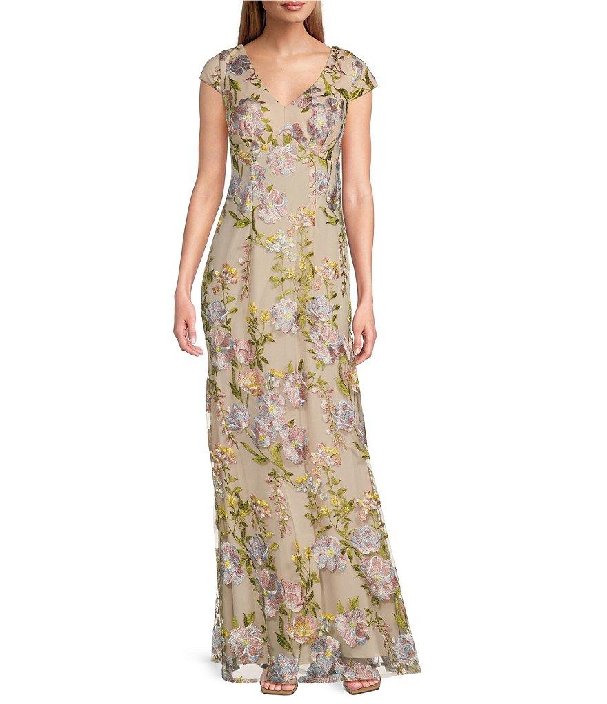 R & M Richards Cap Sleeve V-Neck Floral Embroidered Mesh Gown Product Image