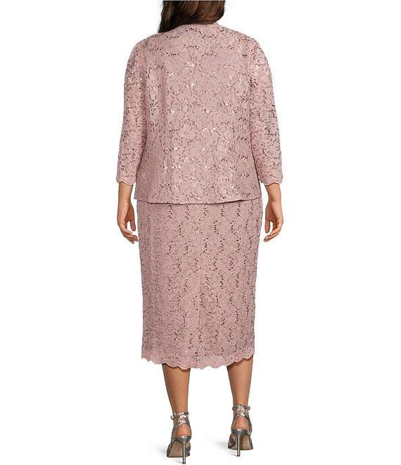 Ignite Evenings Plus Size Scalloped Sequin Lace Square Neck 3/4 Sleeve 2-Piece Jacket Dress Product Image
