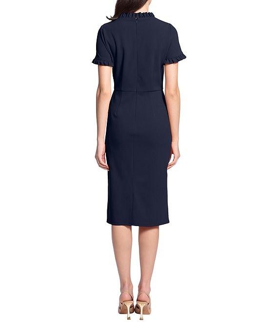 Maggy London Ruffle Mock Neck Short Sleeve Stretch Crepe Midi Pencil Sheath Dress Product Image