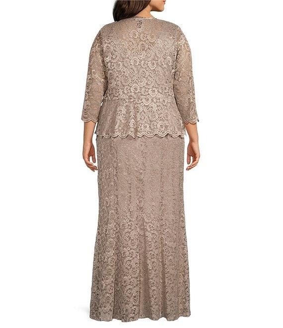 R & M Richards Plus Size Stretch Lace Charmeuse Round Neck 3/4 Sleeves Glitter 2-Piece Jacket Dress Product Image