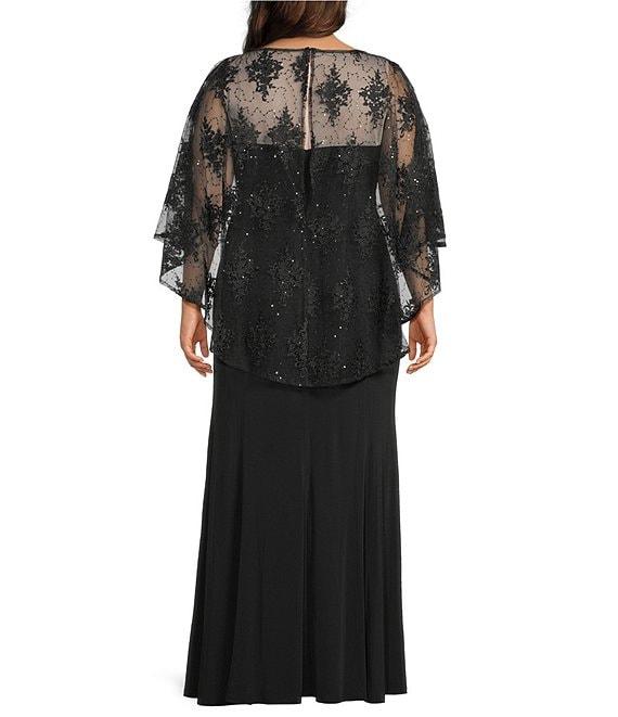 R & M Richards Plus Size Sweetheart Neck Embroidered Sequin Mesh Cape Overlay Dress Product Image