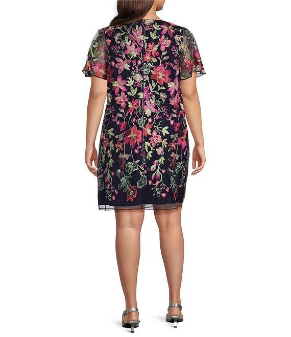 Jessica Howard Plus Size Short Sleeve Boat Neck Floral Embroidered Mesh Dress Product Image