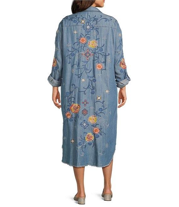John Mark Plus Size Floral Embroidered Long Roll-Tab Sleeve Button Front Shirt Dress Product Image