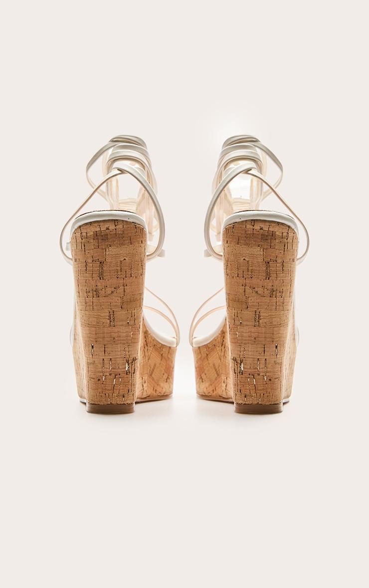 White Pu Strappy Lace Up High Heel Cork Wedges Product Image
