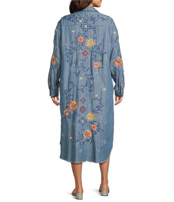 John Mark Plus Size Floral Embroidered Long Roll-Tab Sleeve Button Front Shirt Dress Product Image