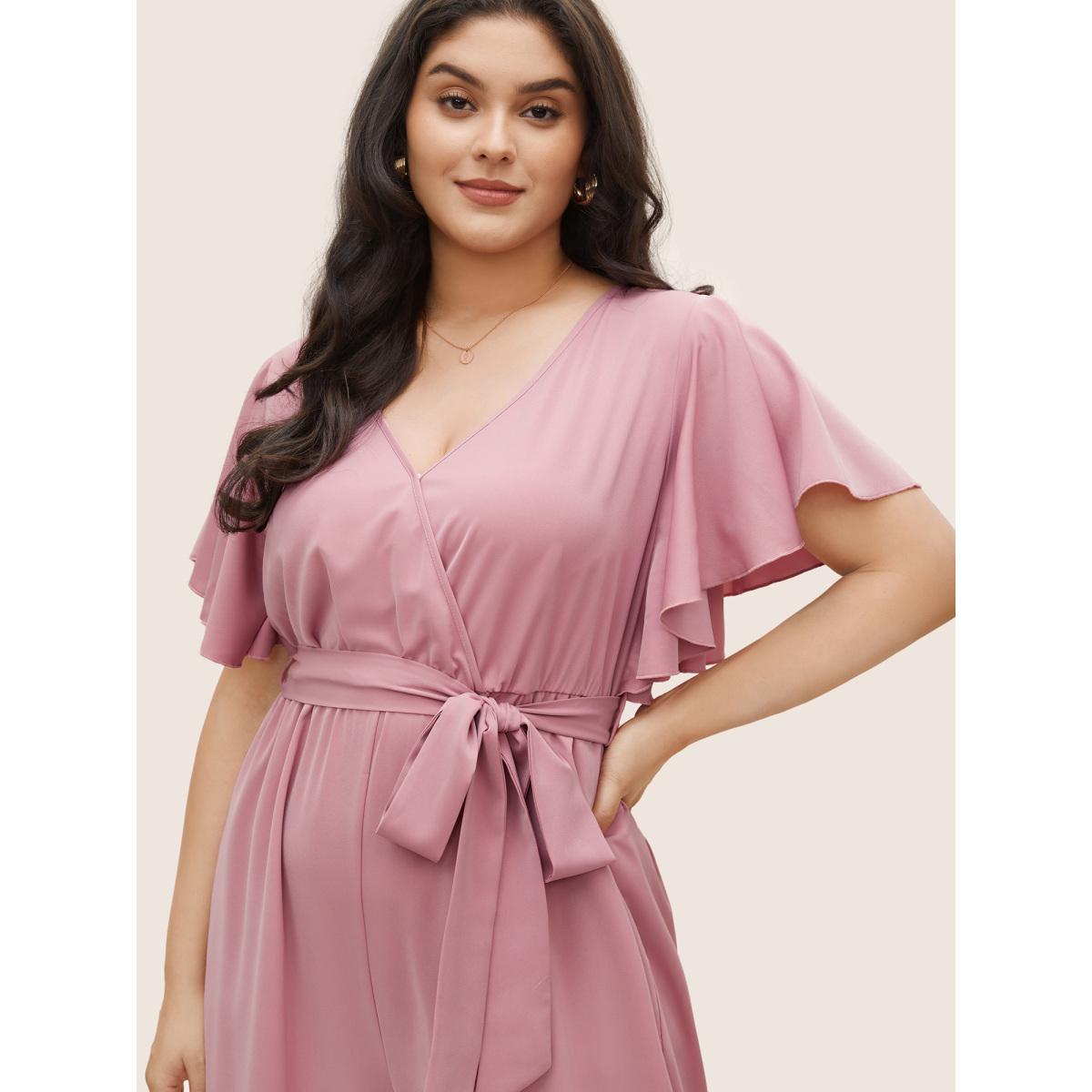 Plus Size Rouge Anti-Wrinkle Plain Belted Flutter Sleeve Zipper Jumpsuit Women Elegant Short sleeve Overlap Collar Everyday Loose Jumpsuits BloomChic 28/5X Product Image