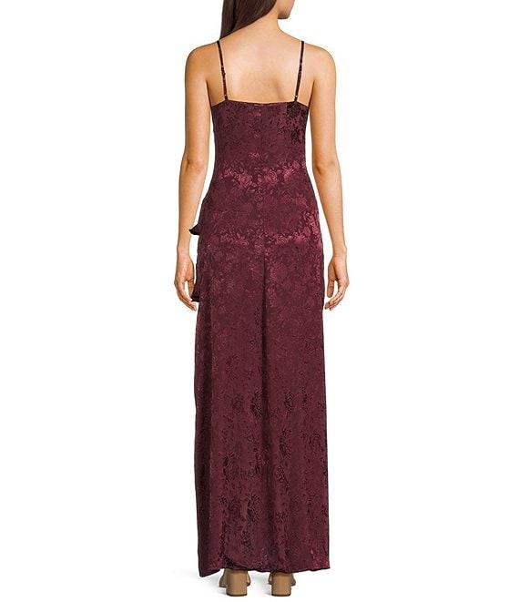 I.N. San Francisco Floral Print Cowl Neck Asymmetrical Ruffled Front Slit Long Dress Product Image