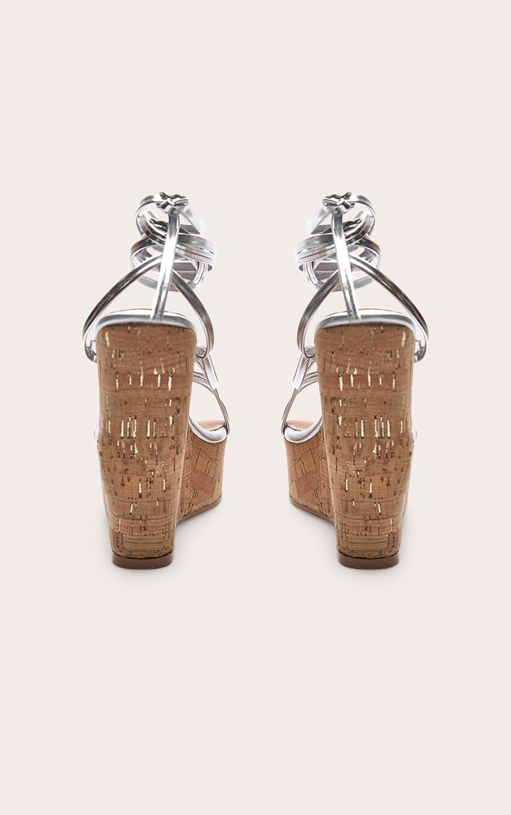 Silver Pu Strappy Lace Up High Heel Cork Wedges Product Image