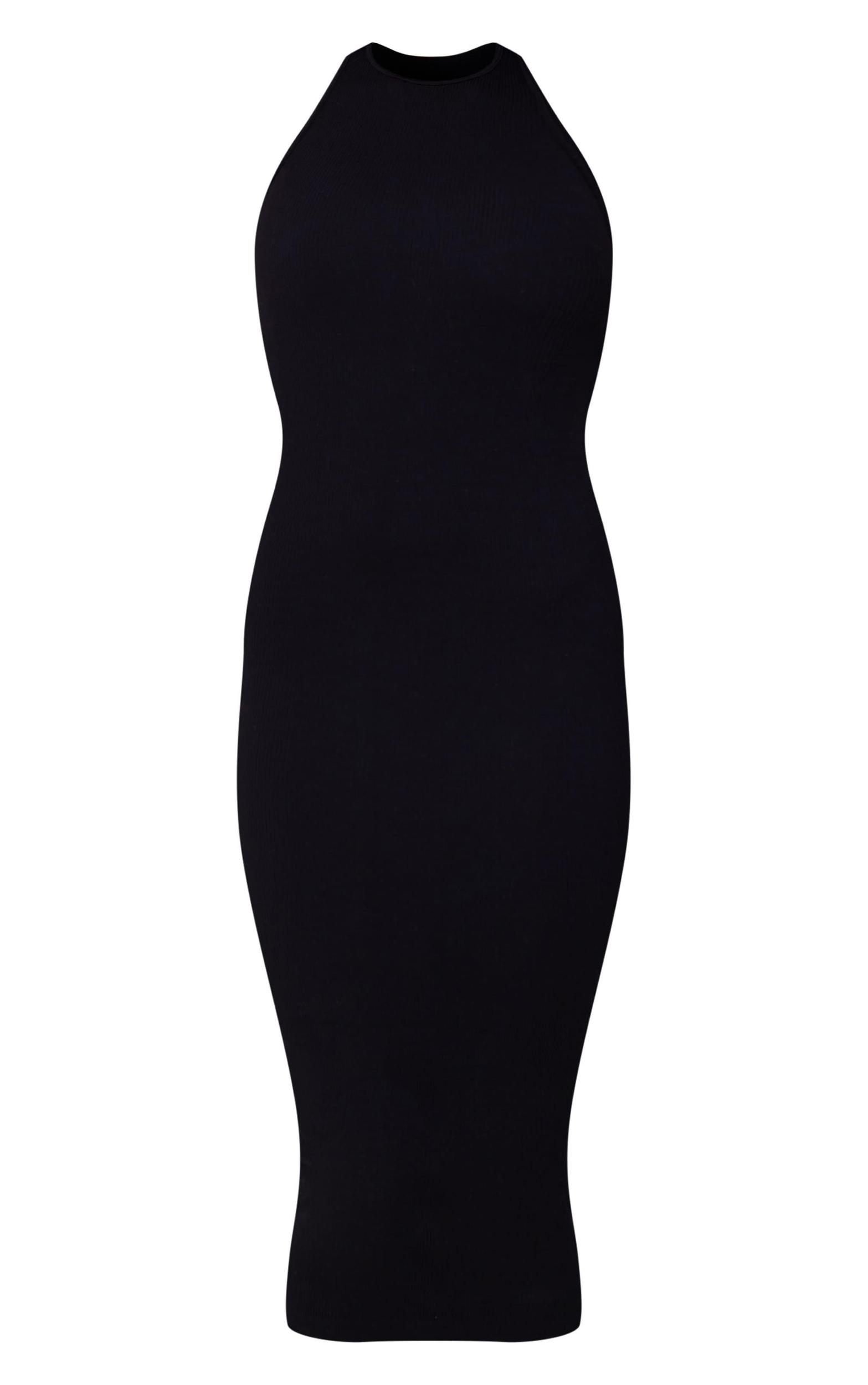 Black Structured Snatched Rib Racer Neck Midaxi Dress Product Image