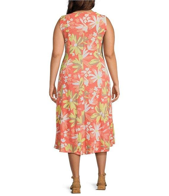 Multiples Plus Size Slub Knit Melon Print Scoop Neck Sleeveless Fit & Flare Midi Dress Product Image