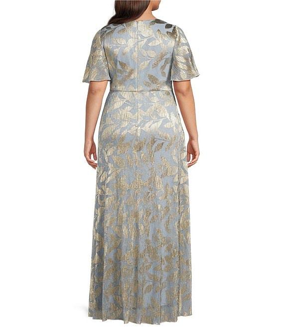 Adrianna Papell Plus Size V-Neck Flutter Sleeve Foil Leaf Printed Gown Product Image