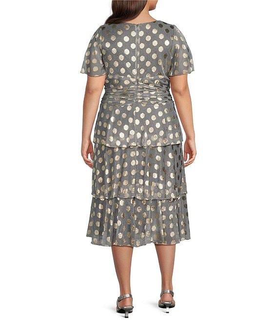 Ignite Evenings Plus Size Metallic Dotted Short Sleeve Surplice V-Neck Tiered Midi Dress Product Image