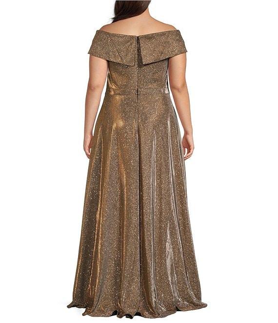 Xscape Plus Size Metallic Glitter Sleeveless Off-the-Shoulder Sweetheart Neck Ball Gown Product Image
