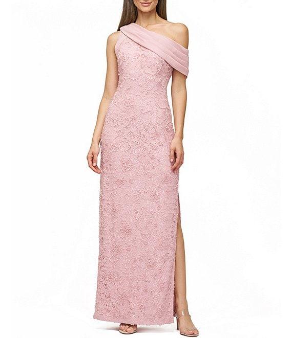 JS Collections Lace Floral Soutache Asymmetrical Neck with Chiffon Drape Back Gown Product Image
