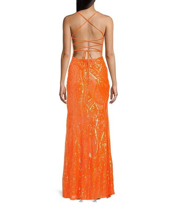 Midnight Doll Sequin Lace-Up Back Front Slit Long Dress Product Image