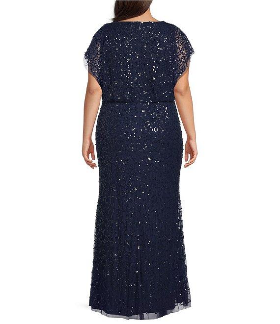 Adrianna Papell Plus Size Boat Neck Short Sleeve Beaded Mesh Blouson Gown Product Image