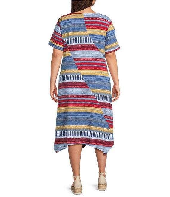 Multiples Plus Size Slub Knit Printed Scoop Neck Short Sleeve Handkerchief Hem Fit & Flare Dress Product Image