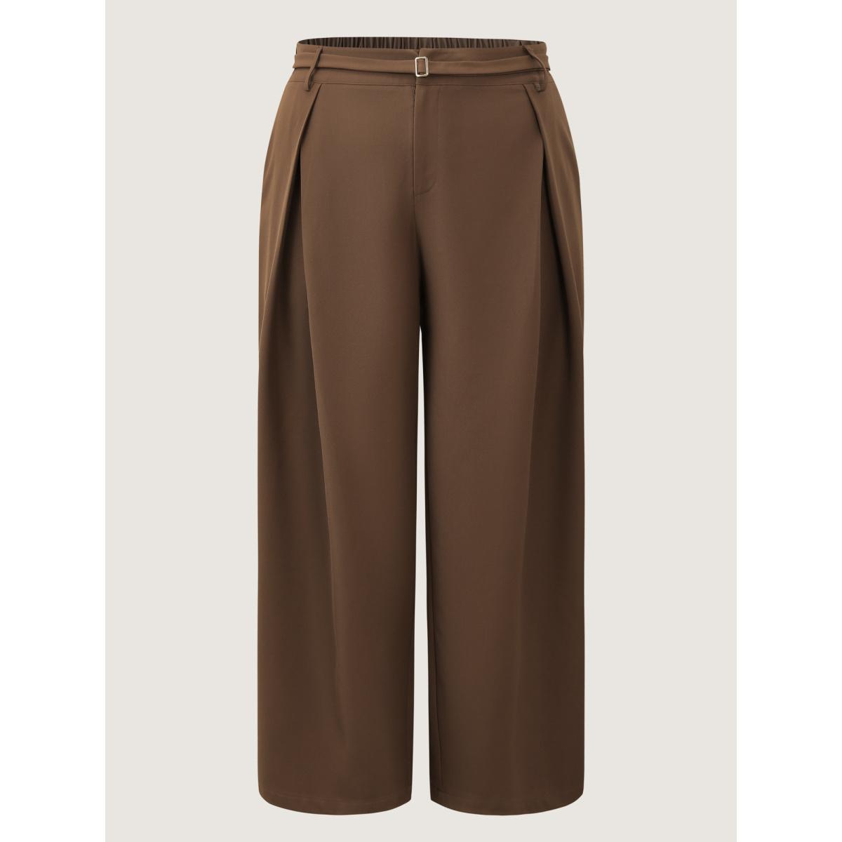 Plus Size Belted Side Pleated Adjustable Pants Women Yellowishbrown Office Straight Leg Mid Rise Office Pants BloomChic 14-16/1X Product Image