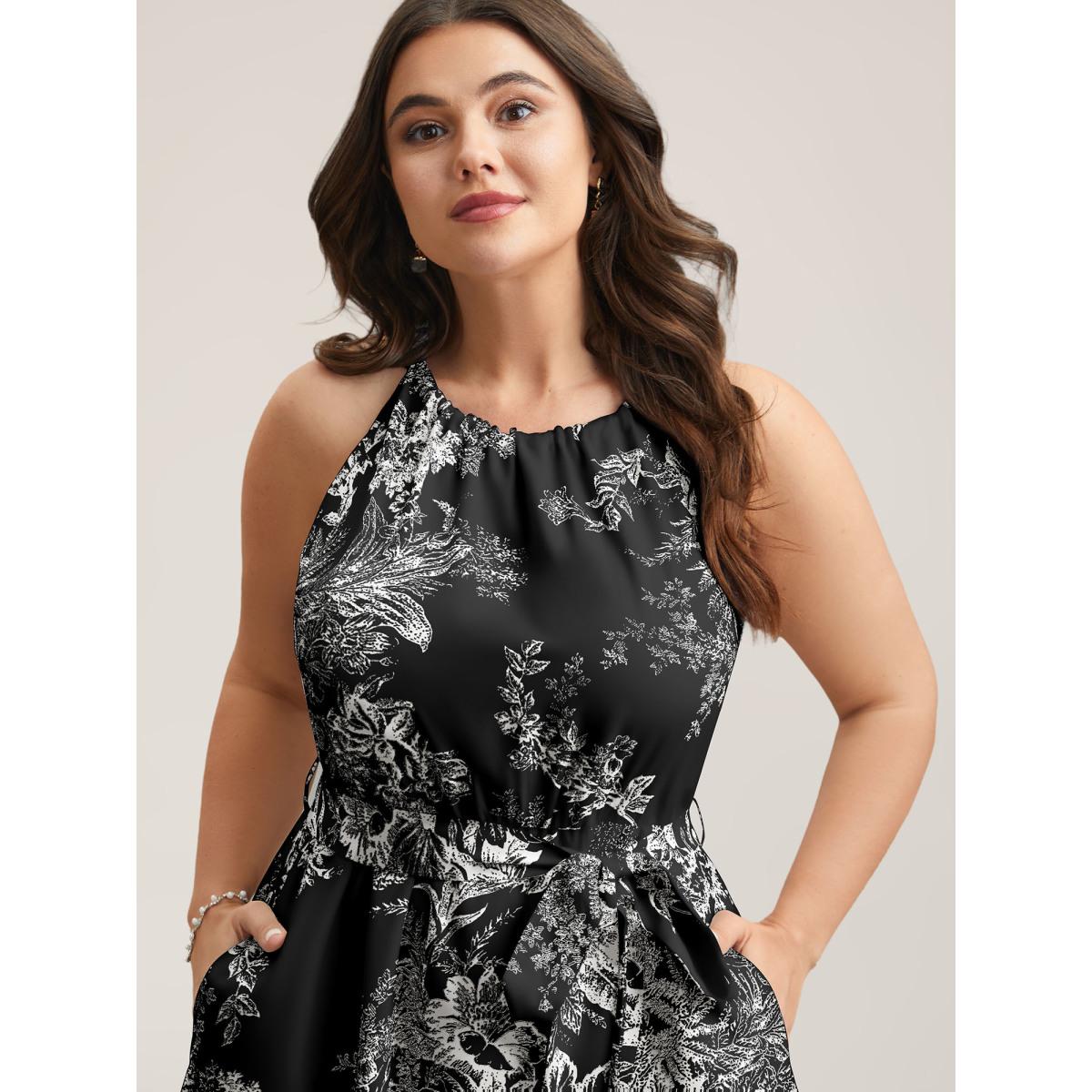 Plus Size Spring Time Florals Sleeveless Midi Dress Black Women Romantic Gathered Halter neck Sleeveless Curvy BloomChic 22-24/3X Product Image
