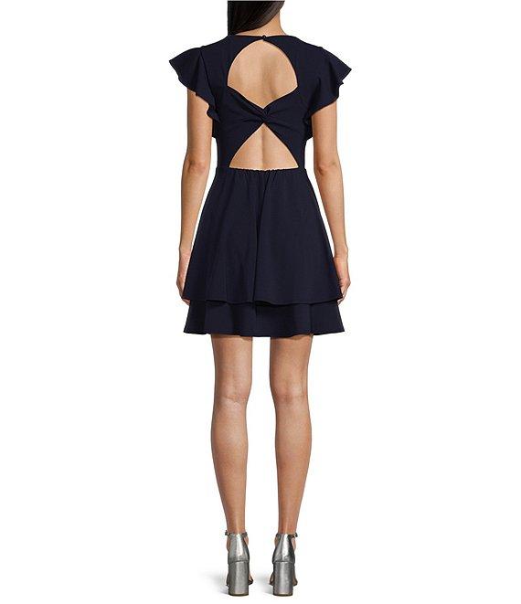 Next Up Short Flutter Sleeve V-Neck Back Twist Cut Out Loop And Button Solid Dress Product Image