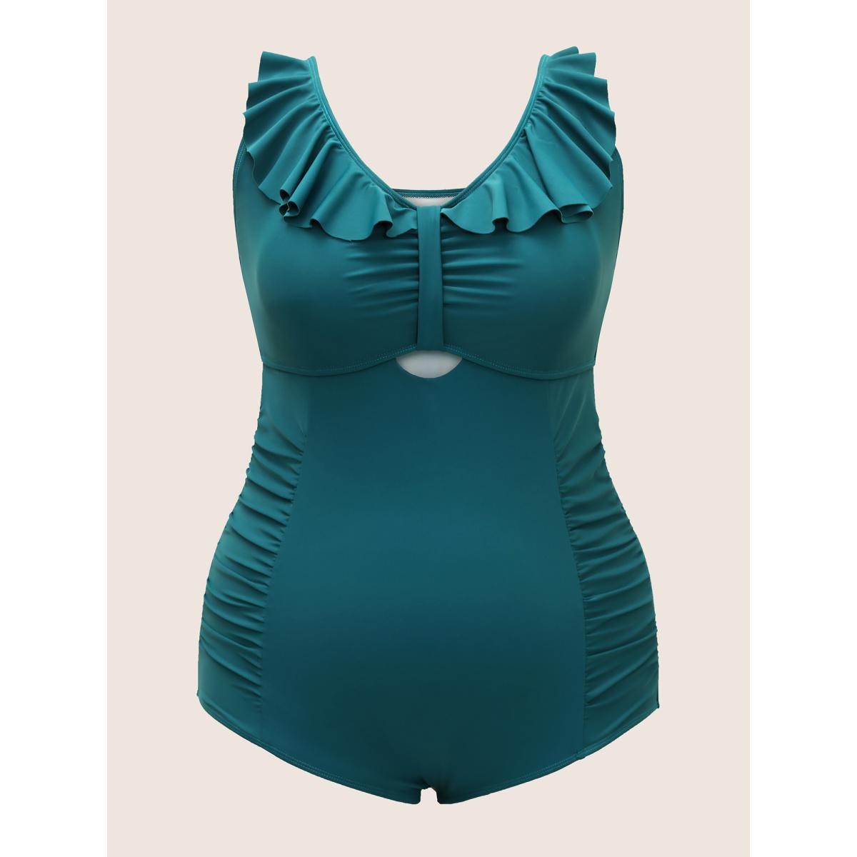 Plus Size Solid Cut Out Ruffle Trim One Piece Swimsuit Women's Swimwear Cyan Beach Gathered Curve Bathing Suits High stretch One Pieces BloomChic 10/M Product Image